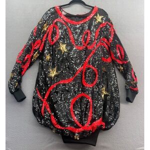 VTG Modi Dress Womens OS Black Red Sequin Star Red Swirl Funky 80s Long Sleeve